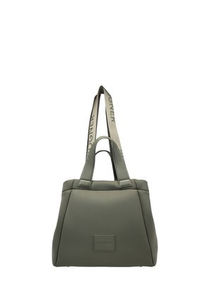 Borsa shopping verde con manici corti e tracolla lunga regolabile con la scritta "BOGNER", con una toppa quadrata del marchio sulla parte frontale.