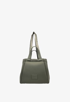 Grüne Tragetasche mit kurzen Griffen und einem langen verstellbaren Riemen, beschriftet mit "BOGNER" und einem quadratischen Markenpatch auf der Vorderseite.