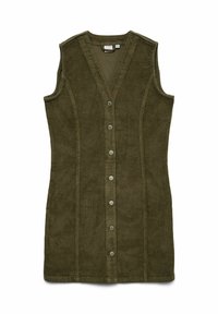 Olijfgroene corduroy jurk met een V-hals, mouwloos ontwerp, voorzien van zes metalen knopen aan de voorkant en gestructureerde naden.