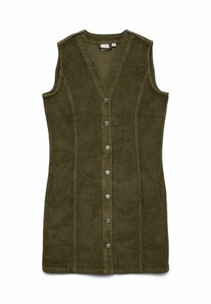 Olijfgroene corduroy jurk met een V-hals, mouwloos ontwerp, voorzien van zes metalen knopen aan de voorkant en gestructureerde naden.