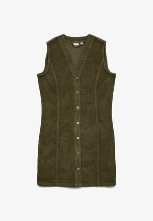 Olivově zelené manšestrové šaty s výstřihem do V, bez rukávů, s šesti kovovými knoflíky po celé přední části a strukturovanými švy.