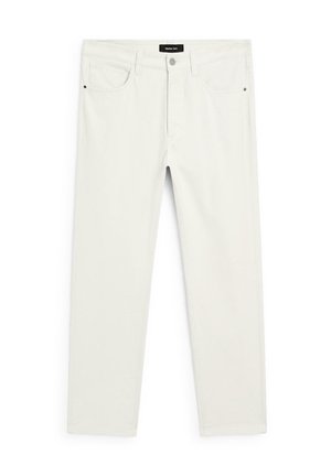 Jeans di colore chiaro, a gamba dritta, esposti in piano, con tasche frontali, una vita con bottone e un'etichetta del marchio all'interno.