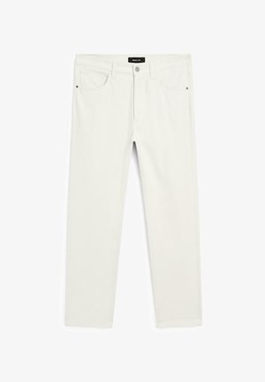 Light-colored, straight-leg jeans displayed flat, featuring front pockets, a waistband with a button, and a brand label inside.