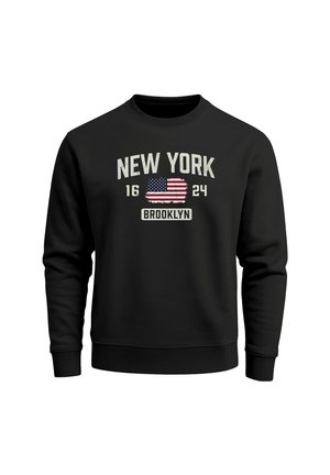 Black sweatshirt featuring "NEW YORK" in white text, an American flag graphic, and "BROOKLYN" in a rectangular label below.