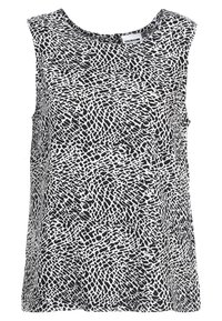 Svart och vit ärmlös topp med en strukturerad, abstrakt mönstring. Rund halsringning, mjukt tyg och avslappnad passform. Inga synliga detaljer.