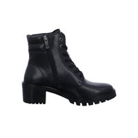 Black leather ankle boot with side zipper, front laces, padded collar, block heel, and rugged tread sole.