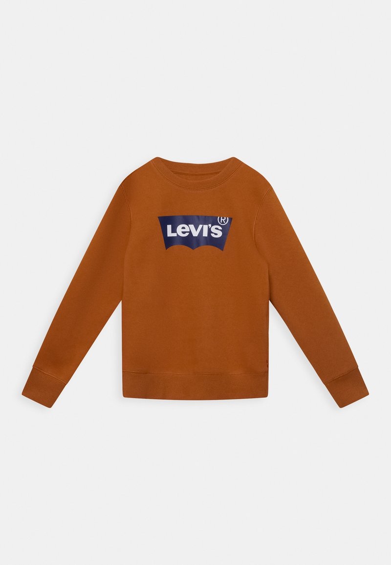 Sweatshirt à manches longues de couleur rouille avec poignets et ceinture côtelés, arborant un logo Levi's bleu marine centré sur la poitrine.
