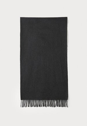 Écharpe en laine noire avec des bords à franges, présentant une texture lisse et une forme rectangulaire, mesurant environ 70x180 cm.