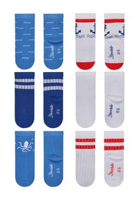 Four pairs of cotton socks featuring various designs: blue with wave patterns, striped, anchors, and an octopus motif. Colorful accents include red and blue.