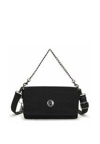 Borsa a spalla in tessuto nero con motivo trapuntato, accessori in argento, tracolla e catena staccabili, con una spilla con il logo sul fronte.