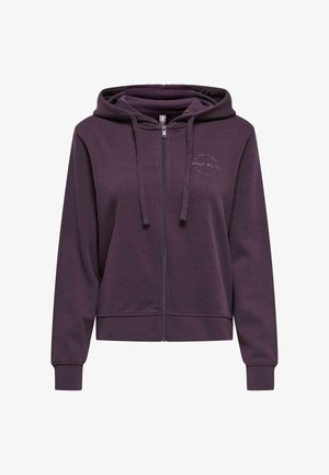 Sudadera con cremallera de color púrpura oscuro, hecha de una tela suave, con capucha ajustable, puños acanalados y un discreto detalle de logo en el pecho.
