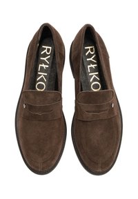 Brown suede loafers with a smooth finish, featuring a decorative seam and small hardware accent near the top. Flat rubber sole.