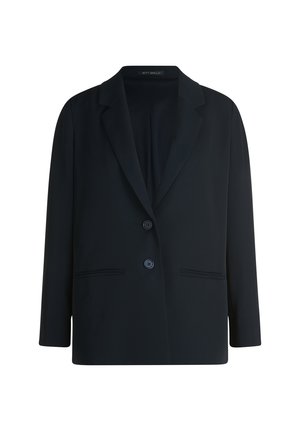 Blazer noir pour femme avec revers crantés, deux boutons, manches longues et deux poches passepoilées à l'avant, étiquette Betty Barclay à l'intérieur du col.