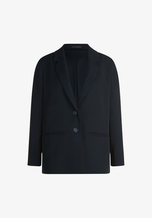 Blazer noir pour femme avec revers crantés, deux boutons, manches longues et deux poches passepoilées à l'avant, étiquette Betty Barclay à l'intérieur du col.