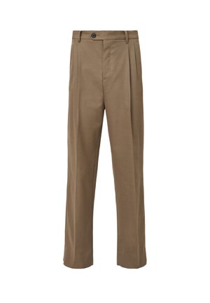 Pantalons taille haute khaki avec plis, dotés d'une coupe droite, d'une fermeture à bouton et d'une texture de tissu lisse.