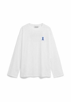 White long-sleeve T-shirt made of cotton, featuring a blue ribbon logo on the left chest. Round neckline and relaxed fit.