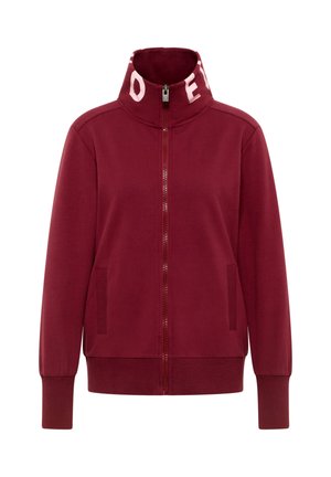 Burgundy zip-up jacket with high collar, long sleeves, two front pockets, and white lettering partially visible on the collar.