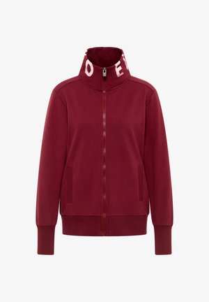 Burgundy zip-up jacket with high collar, long sleeves, two front pockets, and white lettering partially visible on the collar.