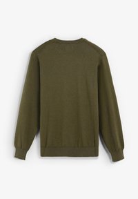Olive green sweter z długim rękawem, żeberkowym dekoltem, z miękkiego materiału, z opadającymi ramionami i dopasowanymi mankietami. Widok z tyłu.