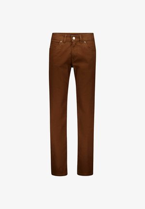 Braune Jeans mit geradem Bein, Fronttaschen, Gürtelschlaufen und einem Metallknopfverschluss.