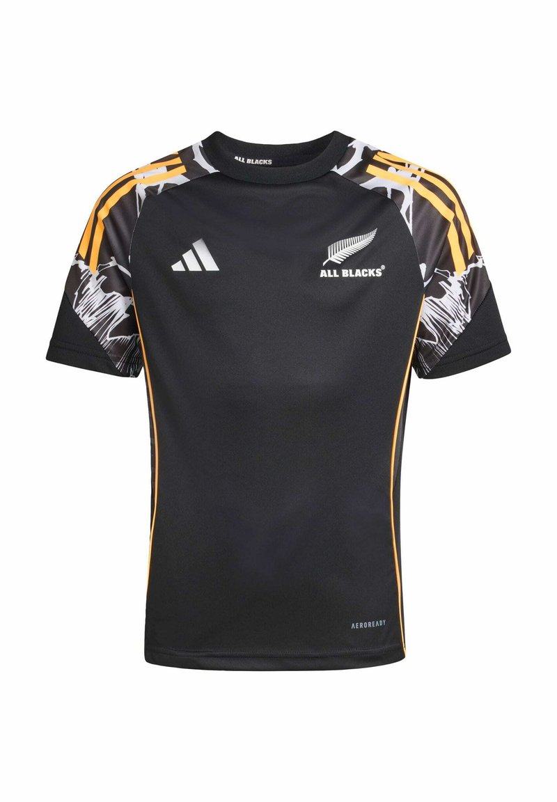 Čierny športový dres s krátkymi rukávmi, s farebným vzorovaným dizajnom na pleciach, logom Adidas a brandingom 'ALL BLACKS®'.
