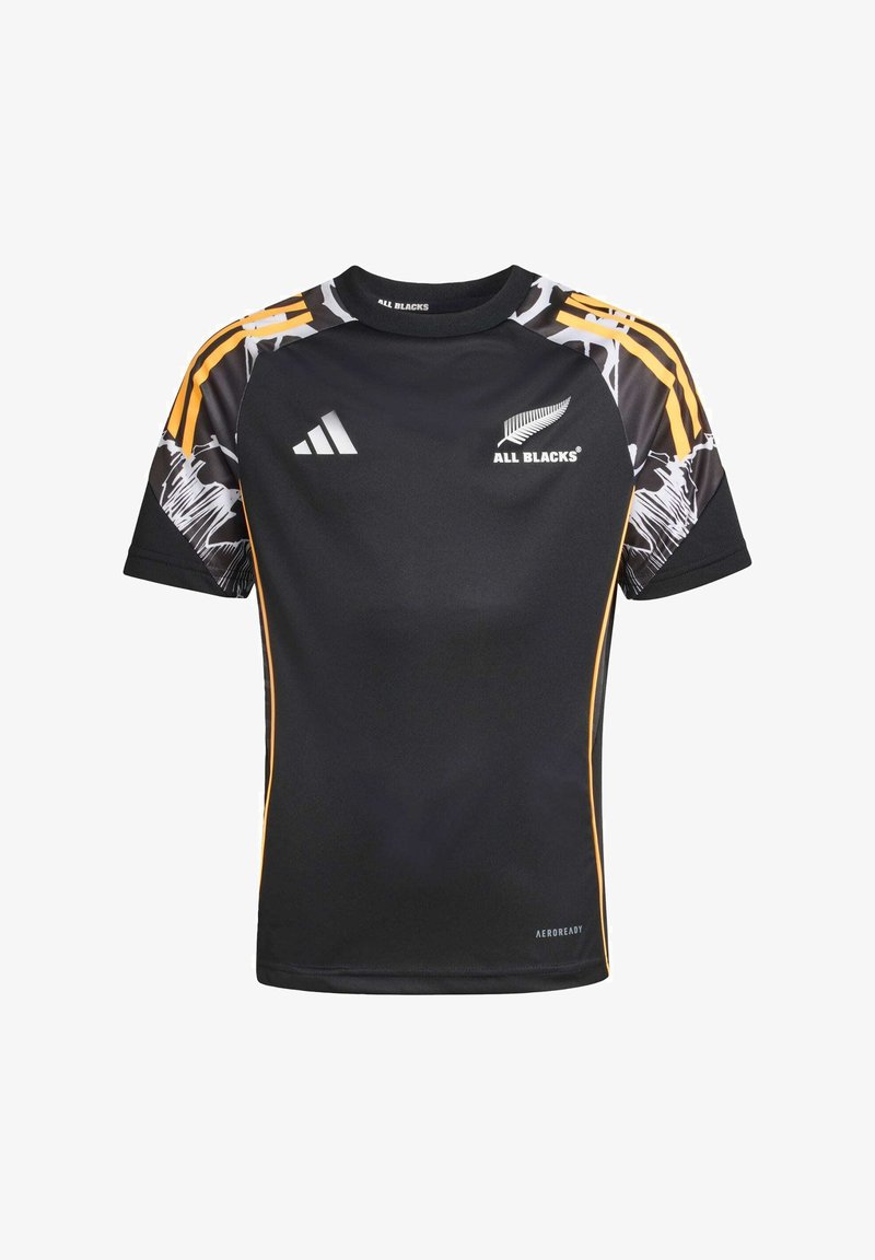 Čierny športový dres s krátkymi rukávmi, s farebným vzorovaným dizajnom na pleciach, logom Adidas a brandingom 'ALL BLACKS®'.