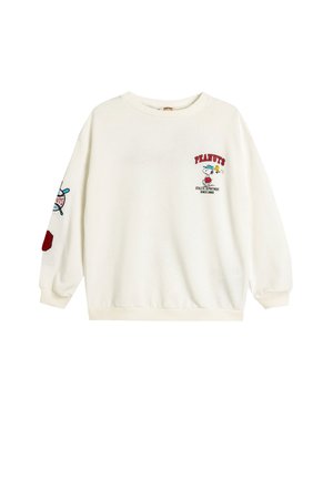 Sweat-shirt blanc avec un graphique de Snoopy et Woodstock, le texte "PEANUTS Athletic Department Since 1950" et des patchs supplémentaires sur le thème du baseball sur la manche gauche.