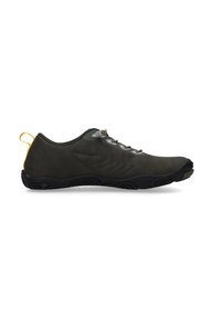 Dark green, low-profile outdoor shoe with black rubber sole, textured upper, gray accents, and yellow pull tab. Laces with round eyelets.