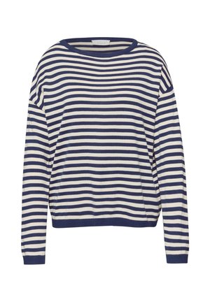 Pull à manches longues à rayures horizontales bleu marine et blanc, col rond, avec poignets et ourlet côtelés.