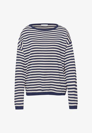 Pull à manches longues à rayures horizontales bleu marine et blanc, col rond, avec poignets et ourlet côtelés.