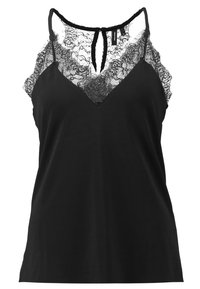 Camisole noire avec détails en dentelle au niveau du décolleté et des bretelles. Tissu doux, design décolleté en V, liens ajustables au dos.