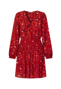 Robe rouge à fleurs avec des manches longues, décolleté en V, taille smockée et jupe évasée. Elle présente un motif de petites fleurs bleues et blanches.