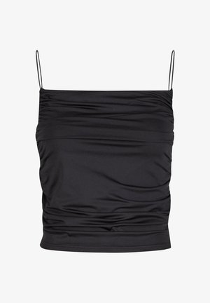 Top noir froncé avec de fines bretelles ajustables, fabriqué en tissu lisse, présentant un design ajusté qui épouse la forme du corps.