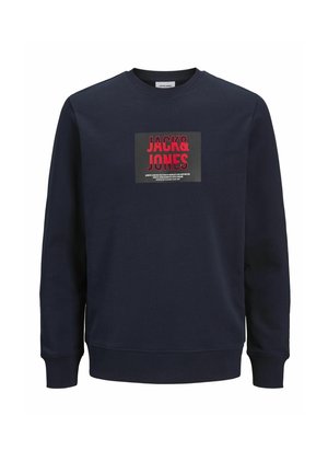 Marineblaue Sweatshirt aus Baumwollmischung mit Rundhalsausschnitt. Mit einem zentralen Grafikdruck in Rot und Schwarz, der "JACK & JONES" zeigt.
