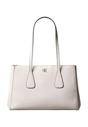 Off-white leather Calvin Klein handbag with double shoulder straps and silver CK logo on the front, rectangular shape with clean stitching.