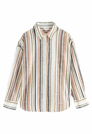 Camicia abbottonata in tessuto leggero. Presenta strisce verticali in rosa, beige, verde e nero. Con colletto, maniche lunghe e vestibilità rilassata.