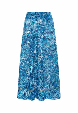 Gonna lunga blu con motivo a ali di farfalla e delicato dettaglio di catena dorata vicino all'orlo, con vita arricciata.