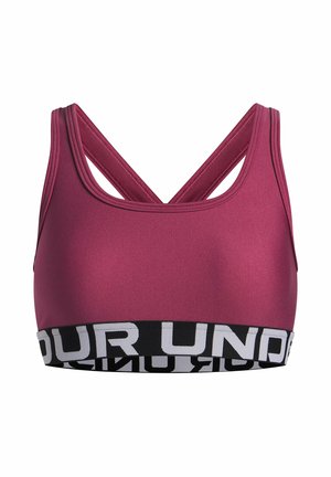 Purple sports bra with wide elastic black band, white "UNDER" text, and racerback straps on a white background.