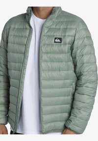 Hellgrüne Daunenjacke mit horizontaler Stepp-Optik, Frontreißverschluss und Logo-Patch auf der Brust. Kombiniert mit einem weißen T-Shirt darunter.