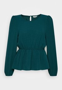 Türkise Bluse mit langen Ärmeln, Rundhalsausschnitt, gerafftem Taillenbereich und schmeichelndem Peplum-Saum. Verfügt über einen Schlüssel-Lochverschluss hinten und hat einen strukturierten Stoff.