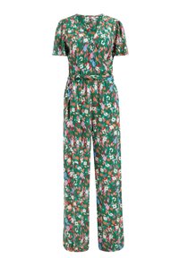 Květinový overal v zelené barvě s krátkými rukávy, překládaným designem, páskem v pase a živými vícedílnými vzory s růžovými, modrými a červenými akcenty.