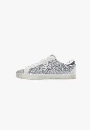 Glittery silver sneakers with a textured upper, white laces, and a skull and crossbones logo. Silver accents on the heel.