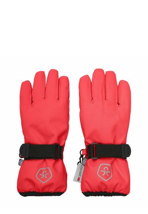Rote wasserdichte Handschuhe mit Fünf-Finger-Design, strukturiertem Material, elastischen Bündchen und verstellbaren schwarzen Riemen für einen sicheren Sitz.