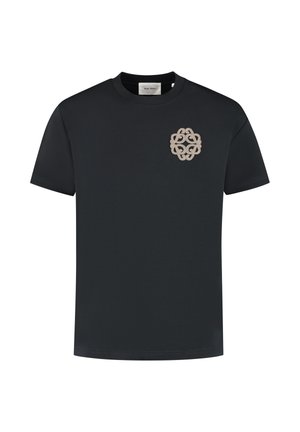 Black cotton t-shirt featuring short sleeves and a crew neckline. Notable beige embroidered design on the left chest area.