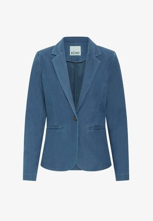 Vidutinio mėlynumo džinsinis švarkas, turintis išpjautą apykaklę, vieną mygtuką, dvi priekinės kišenes ir lygią tekstūrą. Minimalistinis dizainas.