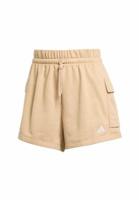 Khaki šortky z bavlněné směsi s elastickým pasem, nastavitelnou šňůrkou, bočními kapsami a malým bílým logem na dolní levé straně.