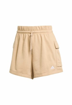 Khaki katoenen shorts met een elastische tailleband, verstelbare trekkoord, zijzakken en een klein wit logo aan de onderkant links.