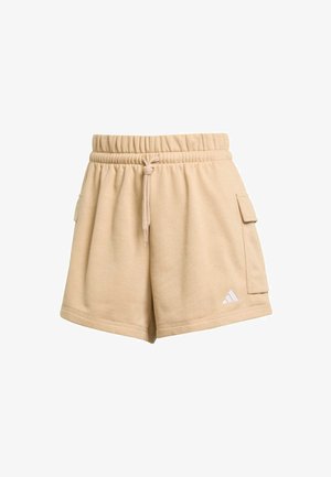 Khakifarbene Baumwollmischung-Shorts mit elastischem Bund, verstellbarem Kordelzug, Seitentaschen und einem kleinen weißen Logo auf der unteren linken Seite.