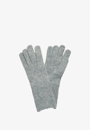 Een paar lichtgrijze gebreide handschoenen met geribbelde manchetten, ontworpen voor warmte en comfort in koude weersomstandigheden.