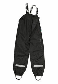 Svart vattentät overall med justerbara axelremmar, framdragkedja och reflexband på benen. Tillverkad av slitstarkt, slätt material.